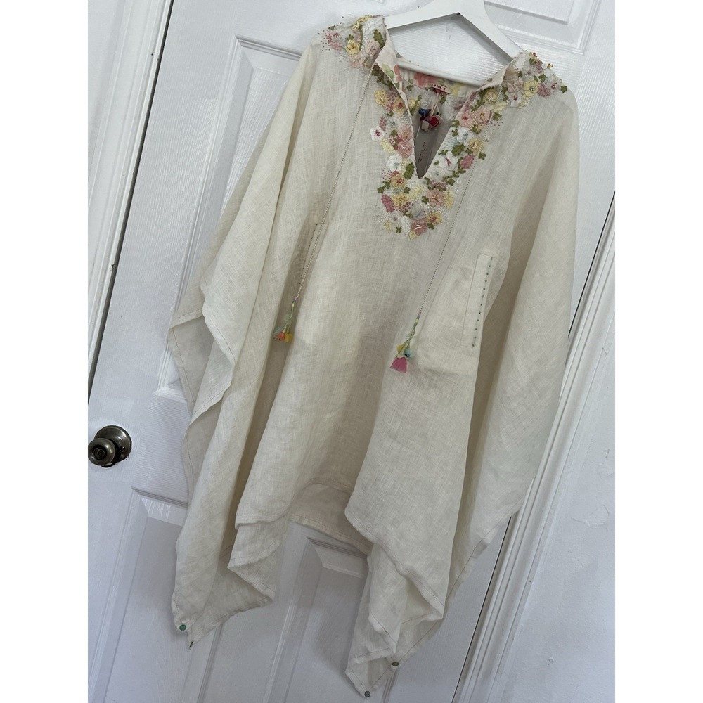 Péro Aneeth Arora 100% Linen Floral Embroidered Kaftan Poncho Tunic Sz 38 Luxury - Picture 3 of 16